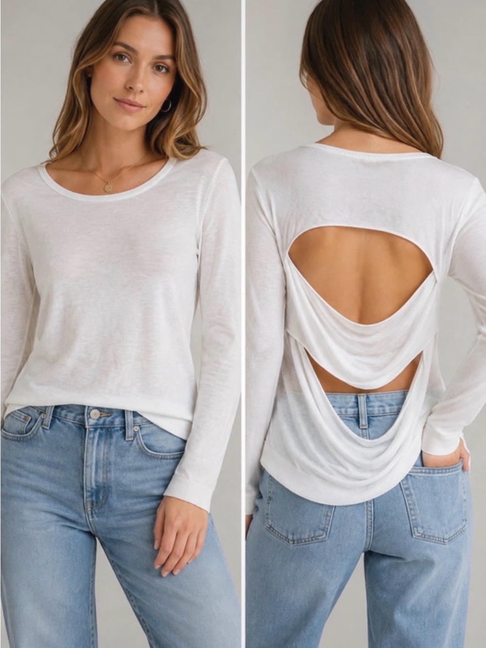 Chan Luu White Lightweight Open Back Sweater – Draped Cutout Long Sleeve large